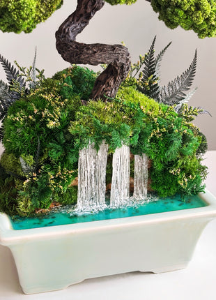 Japanese Style Bonsai Tree with Waterfall in Turquoise Ceramic Pot