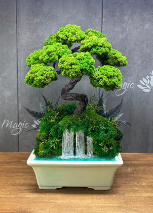 Japanese Style Bonsai Tree with Waterfall in Turquoise Ceramic Pot
