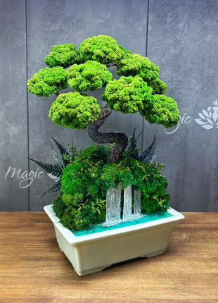 Japanese Style Bonsai Tree with Waterfall in Turquoise Ceramic Pot