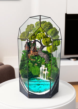 Terrarium with cottage bonsai and glowing waterfall Forest Haven