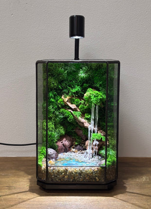 Jungle Moss Terrarium in Glass Cube with Optional LED Lamp, Glowing Waterfall & Resin Pond