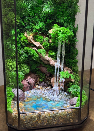 Jungle Moss Terrarium in Glass Cube with Optional LED Lamp, Glowing Waterfall & Resin Pond