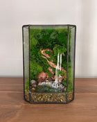 Jungle Moss Terrarium in Glass Cube with Optional LED Lamp, Glowing Waterfall & Resin Pond