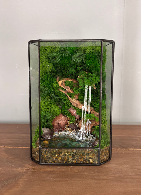 Jungle Moss Terrarium in Glass Cube with Optional LED Lamp, Glowing Waterfall & Resin Pond