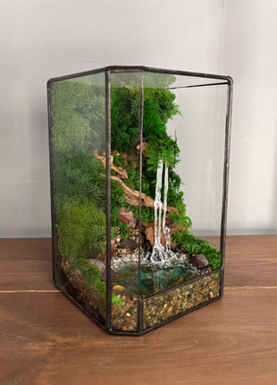 Jungle Moss Terrarium in Glass Cube with Optional LED Lamp, Glowing Waterfall & Resin Pond