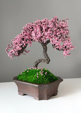 Handmade Pink Sakura Bonsai Tree with Preserved Moss