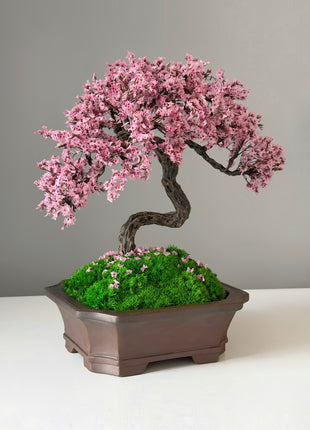 Handmade Pink Sakura Bonsai Tree with Preserved Moss