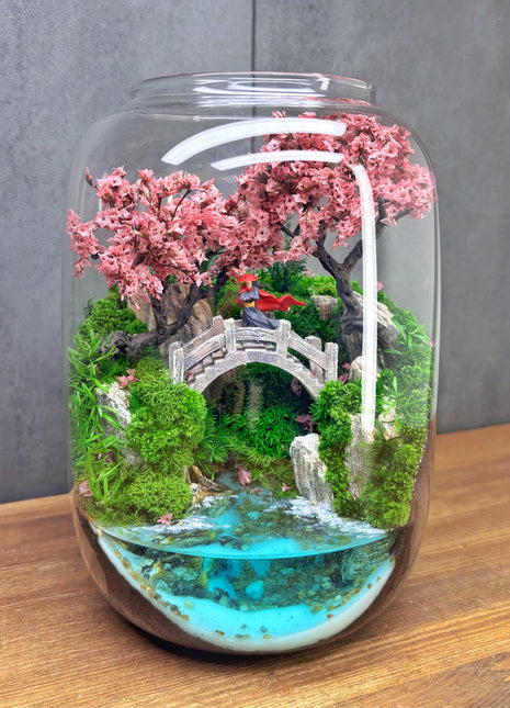 Samurai Sakura Terrarium with Glowing Resin Pond & LED Lamp