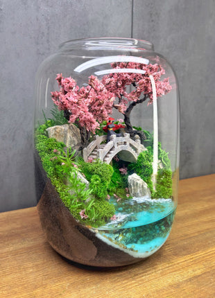 Samurai Sakura Terrarium with Glowing Resin Pond & LED Lamp