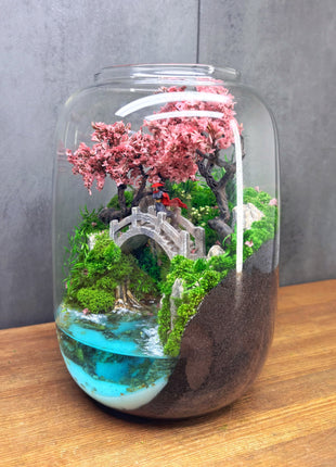 Samurai Sakura Terrarium with Glowing Resin Pond & LED Lamp