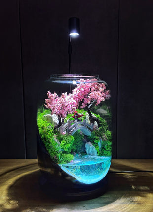 Samurai Sakura Terrarium with Glowing Resin Pond & LED Lamp