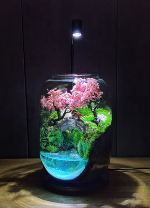 Samurai Sakura Terrarium with Glowing Resin Pond & LED Lamp