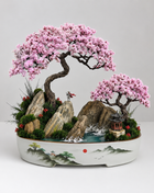 Japanese Sakura Bonsai Tree with Samurai & Glowing Pond