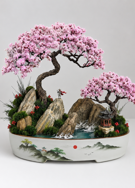 Japanese Sakura Bonsai Tree with Samurai & Glowing Pond