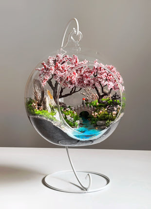 Japanese Sakura Glass Orb Terrarium with Waterfall & Pond
