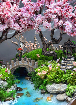 Japanese Sakura Glass Orb Terrarium with Waterfall & Pond