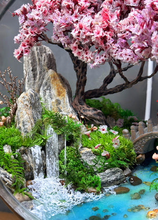 Japanese Sakura Glass Orb Terrarium with Waterfall & Pond