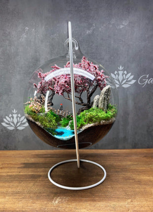 Japanese Sakura Glass Orb Terrarium with Waterfall & Pond