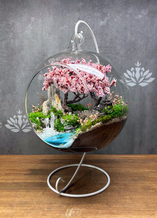 Japanese Sakura Glass Orb Terrarium with Waterfall & Pond
