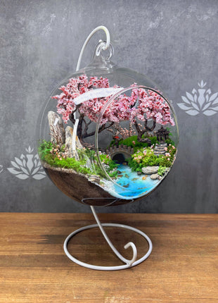 Japanese Sakura Glass Orb Terrarium with Waterfall & Pond