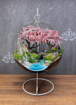 Japanese Sakura Glass Orb Terrarium with Waterfall & Pond
