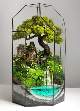 Terrarium with cottage bonsai and glowing waterfall Forest Haven