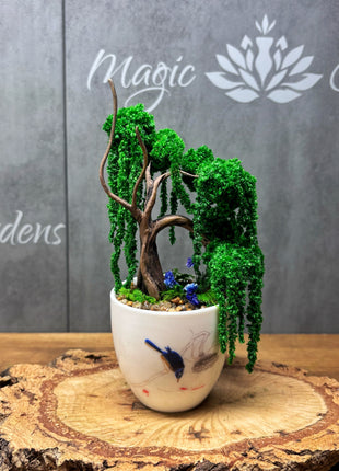 Mini Preserved Moss Willow Bonsai in White Ceramic Pot – Handmade Zen Desk Decor