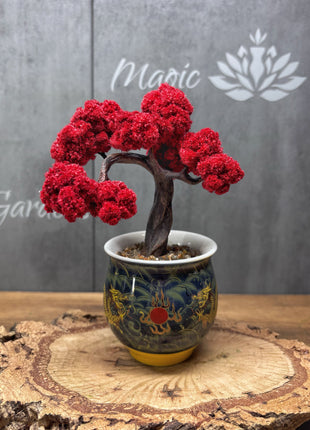 Mini Red Maple Bonsai Tree, Hand-Painted Ceramic Pot, No-Care Desk Decor, Zen Home Accent