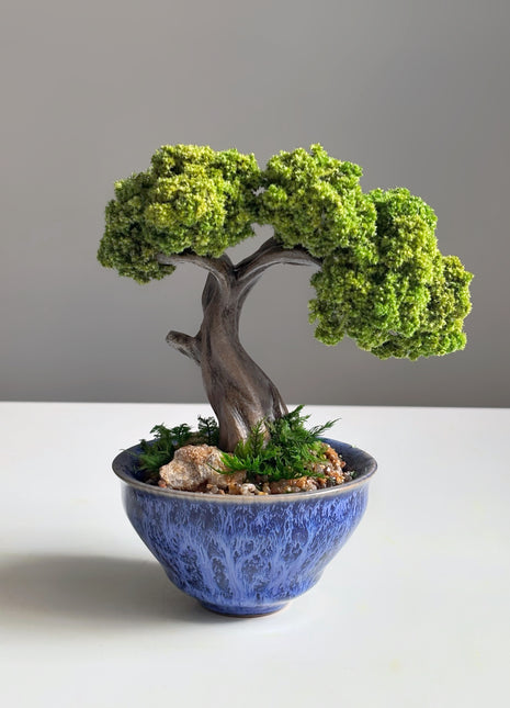 Mini Preserved Moss Bonsai Tree in Blue Ceramic Pot – Handmade Zen Desk Decor