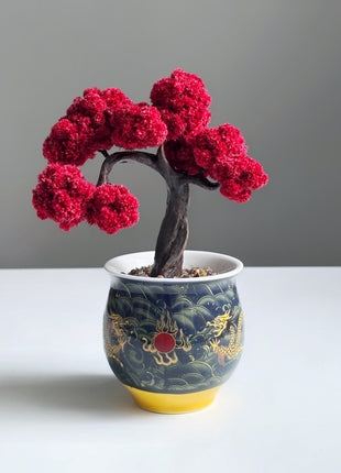 Mini Red Maple Bonsai Tree, Hand-Painted Ceramic Pot, No-Care Desk Decor, Zen Home Accent