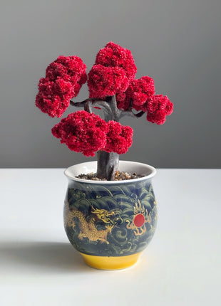 Mini Red Maple Bonsai Tree, Hand-Painted Ceramic Pot, No-Care Desk Decor, Zen Home Accent