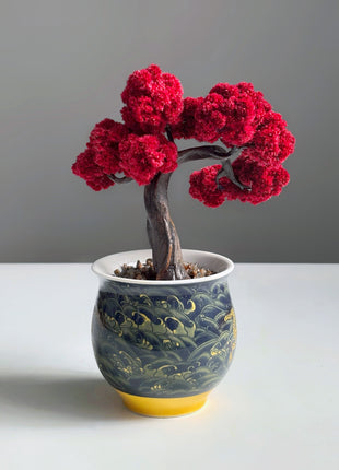 Mini Red Maple Bonsai Tree, Hand-Painted Ceramic Pot, No-Care Desk Decor, Zen Home Accent