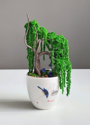 Mini Preserved Moss Willow Bonsai in White Ceramic Pot – Handmade Zen Desk Decor