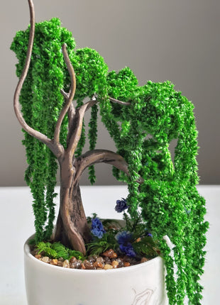Mini Preserved Moss Willow Bonsai in White Ceramic Pot – Handmade Zen Desk Decor
