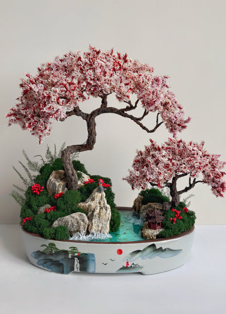Japanese Sakura Bonsai Tree with Samurai & Glowing Pond