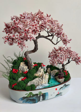 Rote Bonsai-Landschaft mit Wasserfall
