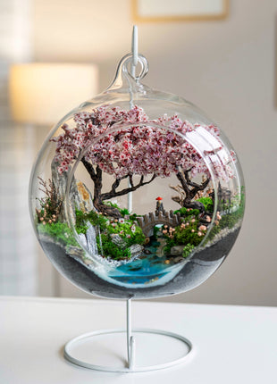 Japanese Sakura Glass Orb Terrarium with Waterfall & Pond
