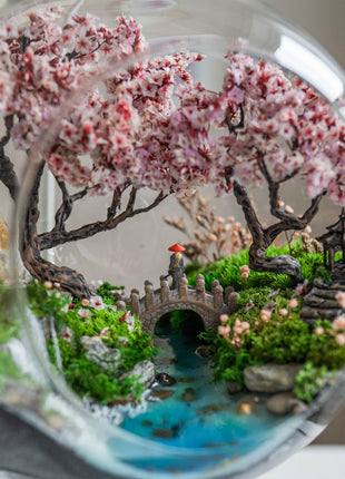 Japanese Sakura Glass Orb Terrarium with Waterfall & Pond