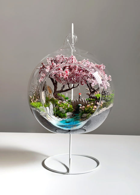 Japanese Sakura Glass Orb Terrarium with Waterfall & Pond