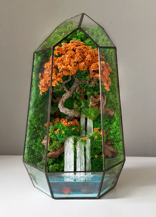 Autumn Moss Terrarium with Glowing Waterfall