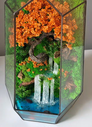 Autumn Moss Terrarium with Glowing Waterfall