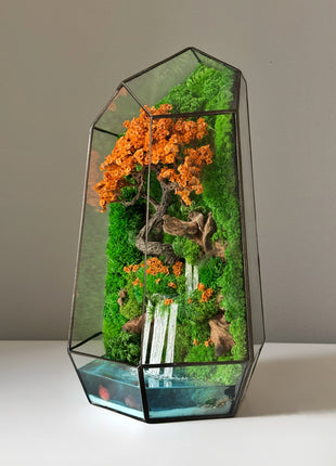 Autumn Moss Terrarium with Glowing Waterfall
