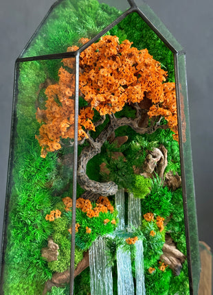 Autumn Moss Terrarium with Glowing Waterfall