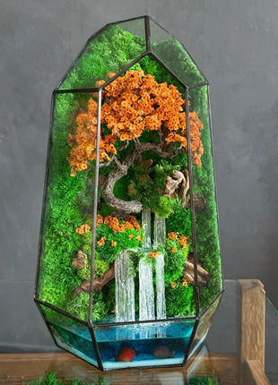 Autumn Moss Terrarium with Glowing Waterfall