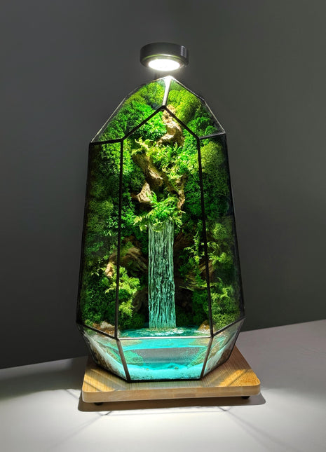 Modern glass terrarium with preserved moss, glowing pond & lamp  Handmade, maintenance-free decor — perfect for home or office!