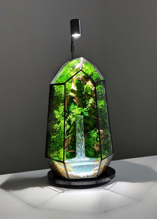 Illuminated Waterfall Geometric Terrarium with Preserved Moss and LED Lamp - Unique Nature-Inspired Decor for Home or Office, Zen garden