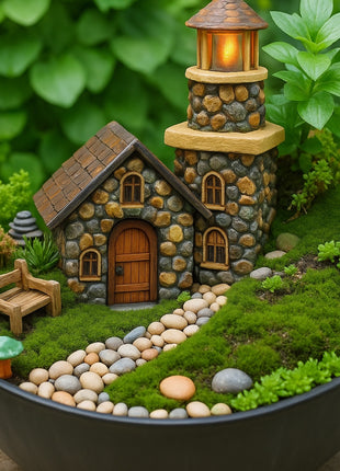 Stone Cottage with Tower – Miniature House for Terrariums & Fairy Gardens