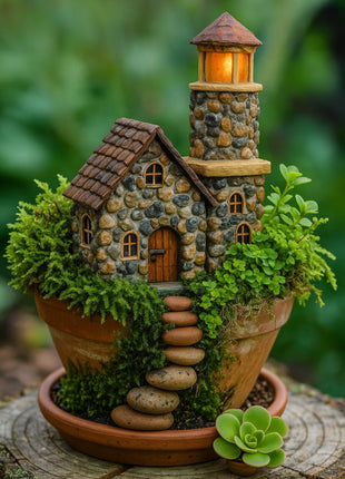 Stone cottage with a tower – a miniature house for terrariums and fairy-tale gardens