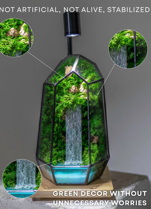 Moss-covered decorative piece with a small waterfall, labeled 'Not Artificial, Not Alive, Stabilized'.