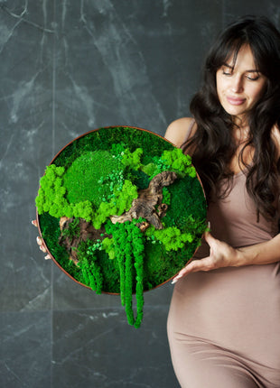 Moss wall decor art Circle with moss Wooden decor handing pictures panel mosswall art home green room decor wood office